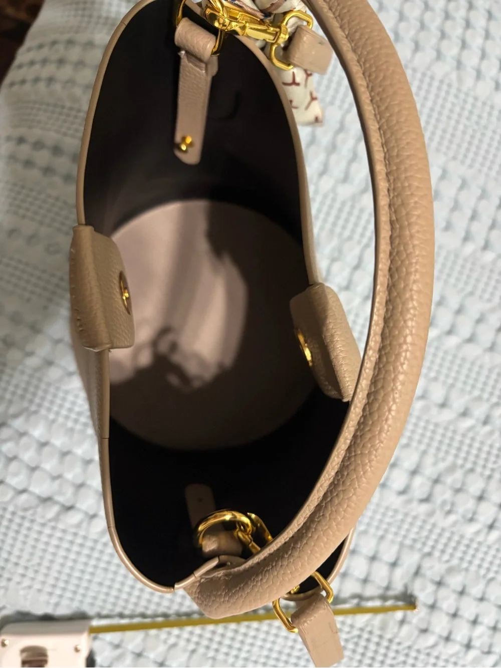 Pebbled Leather Taupe Hobo Bag with Scarf Accent (bought on Amazon)